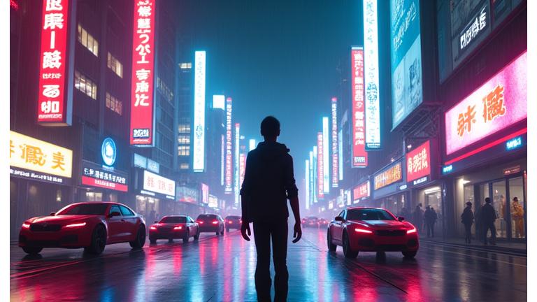 サイバーパンク都市のVRゲームのスクリーンショット