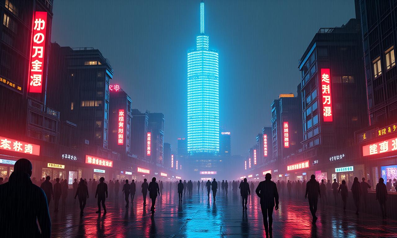 Future Cityscape with neon lights and a colossal arcade machine, representing immersive entertainment.